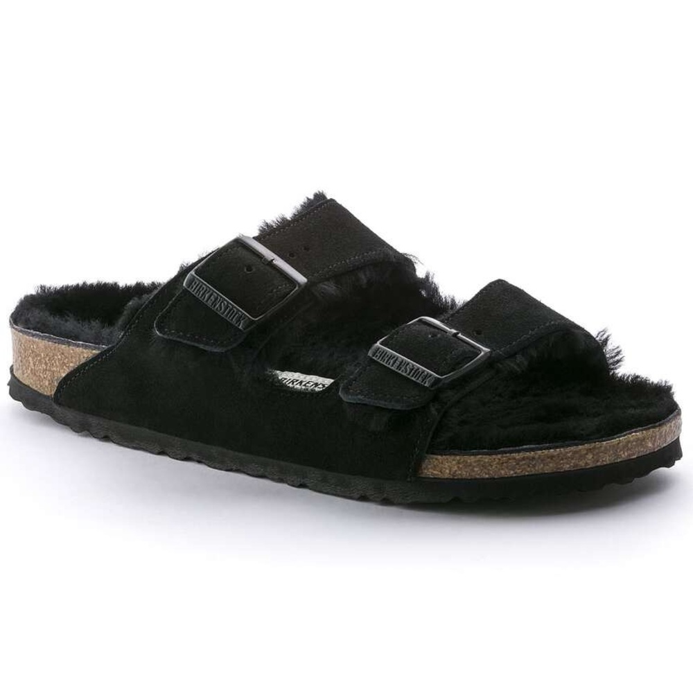 Birkenstock Black Suede Two-Strap Fuzzy Slide Sandals
